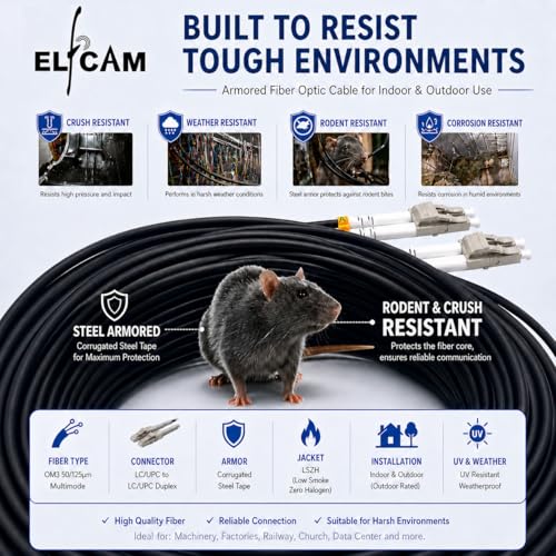Elfcam® - 35M/114.8ft Fiber Optic Cable with Corrugated Steel Armor LC/UPC for LC/UPC OM3 Multimode Duplex 50/125um LSZH, Suitable for Outdoor and Indoor Installations, Black, 35M
