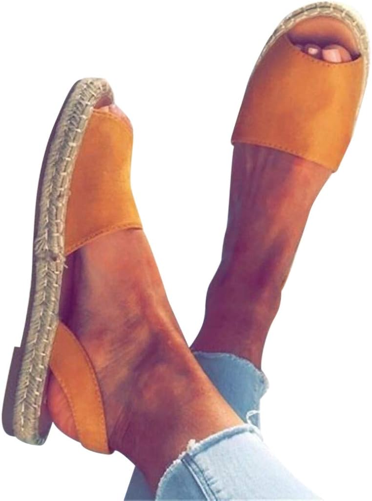 WEISUN Women Flat Sandals Women Ankle Strap Roman Slippers Summer Espadrilles Retro Peep-Toe Sandals Ladies Beach Shoes