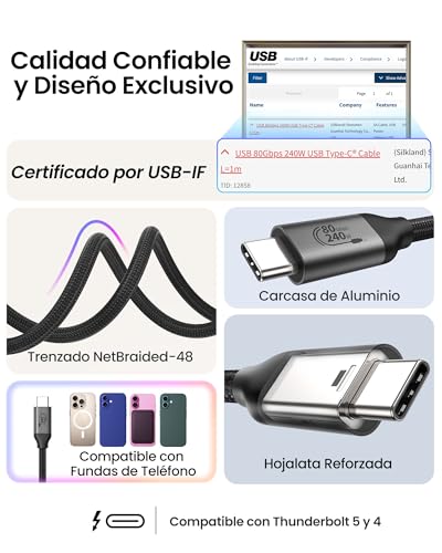 SilklandCable USB4 80Gbps para Thunderbolt 5 [Certificado USB-IF] - Ancho de Banda 120Gbps para 16K/Doble 8K, Carga 240W, 1m Compatible con Thunderbolt 4, MacBook M4 Pro, iPhone 17/16, SSD