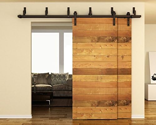 WBHome 6.6FT Bypass Double Door Sliding Barn Door Hardware (Black) (J Shape Hangers) (2 x 6.6 foot Rail)