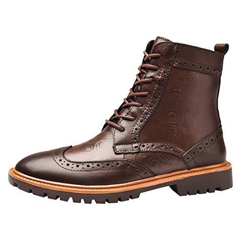 Sun Lorence Men's Vintage Bullock Carving High Top Leather Lace-up Wool Inside Warm Snow Ankle Boots Brown 10.5 M US Men