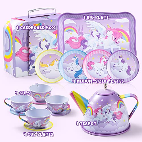 JOYIN Unicorn Tea Party Set for Little Girls, Pretend Purple Tin Teapot