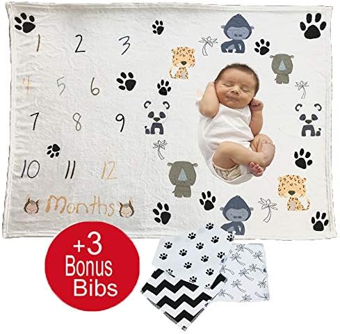 Goods2Go Baby Monthly Milestone or Swaddle Blanket for Boy|Girl with 3 Unisex Bandana Bibs: Infant Photography Backdrop Props. Great for Newborns Keepsake Baby Shower Gift Set to Capture Memories