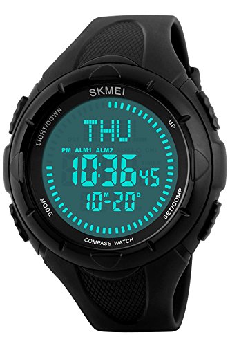 Mens Watch Compass Military Digital Sports Watch Big Face Stopwatch Waterproof Watches Black