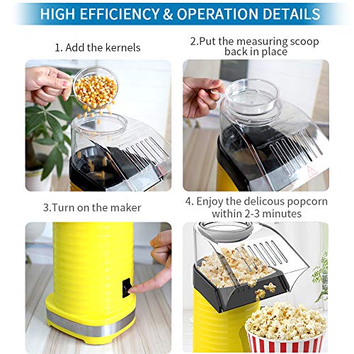 Hot Air Popper Popcorn Maker, 1200W Hot Air Popcorn Popper, Electric Popcorn Machine with Removable Lid for Home Use, No Oil Needed, Great for Kids, Yellow(1200W) - Thumbnail 5