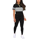 Hakubeby Two Piece Sets for Women Summer Short Sleeve Striped Crewneck Slim Fit Active Casual Sweatsuits