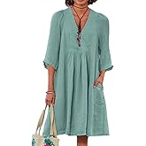 LOVESHOOT Summer Dresses for Women 2025 Casual 3/4 Short Sleeve Knee Length Midi Dress Smock Boho Dress with Pockets