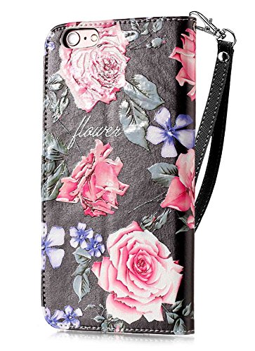 JanCalm iPhone 6/6s Wallet Case [Kickstand Feature] [Card Slots/Side Pocket] [Wrist strap] PU Leather Wallet Magnetic Flip Cell Phone Case Cover for iPhone 6/6S + Crystal pen (Black/Flower) - Thumbnail 3