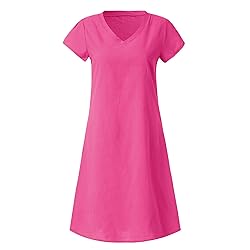 Women's Summer Cotton Linen Dress Loose V-Neck