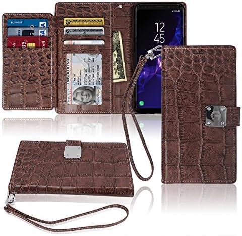 S9 Wallet Case, Matt [ 8 Pockets ] 7 ID/Credit Card 1 Cash Slot, Power Magnetic Clip with Wrist Strap for Samsung Galaxy S 9 Leather Cover Flip Diary (Brown, S9 (5.8"))