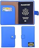 Travelambo RFID Blocking Genuine Leather Passport Holder Wallet Cover Case Wing Pocket (Blue)