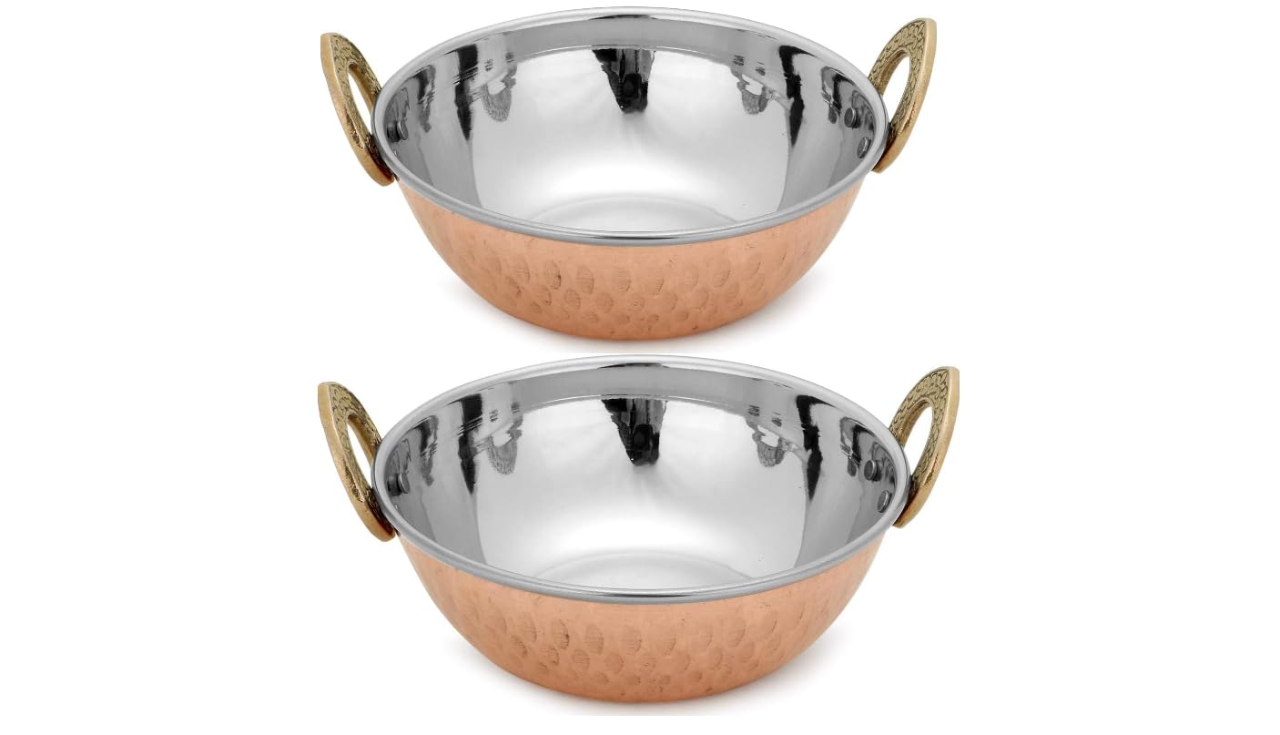 Zap Impex Indian Serving Dish Copper Hammered Stainless Steel Karahi for Indian Curry Serving Dishes 2-Pieces Set, 13 cm Diameter, Silver, 8904295400021