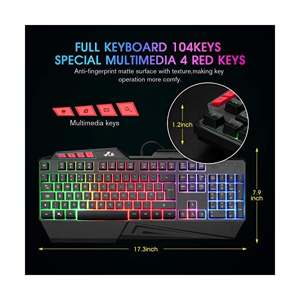 Rii-Gaming-Keyboard-Rainbow-Backlit-Light-up-Gaming-Keyboard-for-ComputerLaptopPCWindows-UK-Layout Rii RK202 Gaming Keyboard,LED Rainbow Backlit Light up Keyboard With Membrane Keys,Spill-Resistant,for PC Computer…