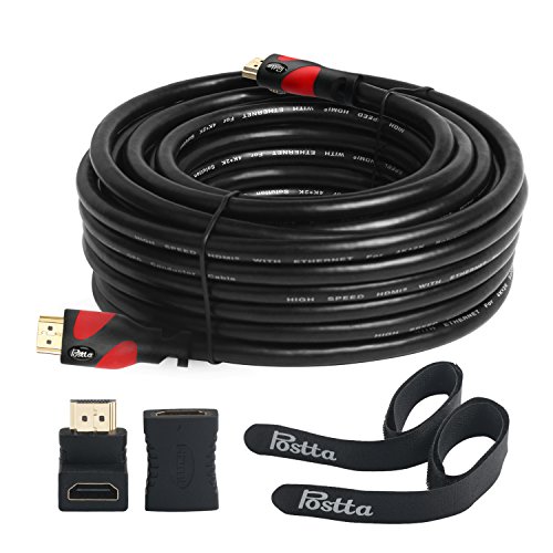 HDMI Cable 50 Feet Postta Ultra HDMI 2.0V Cable with 2 Piece Cable Ties+2 Piece HDMI Adapters Support 4K 2160P,1080P,3D,Audio Return and Ethernet