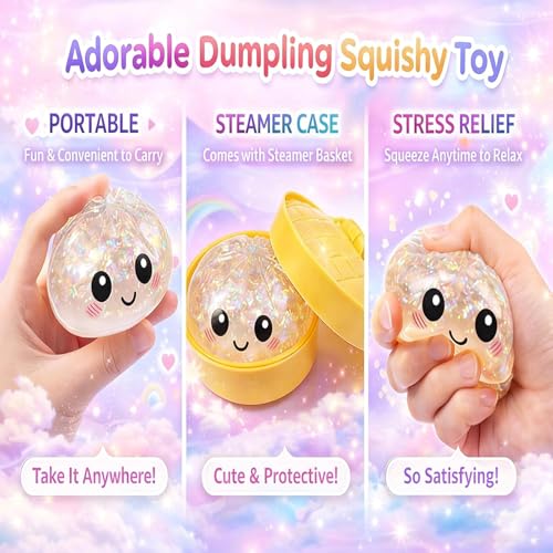SLEEPHEAD®New Mystery Dumpling Squishy, Rare Glitter Dumpling Squishy– Random Surprise Stress Dumplings in Mini Steamer Basket (Color Random*3)