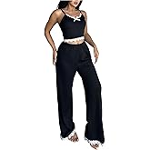 SHENHE Women's Y2K Lace Trim Bow Front Cami Top and Long Pants 2 Piece Loungewear Set