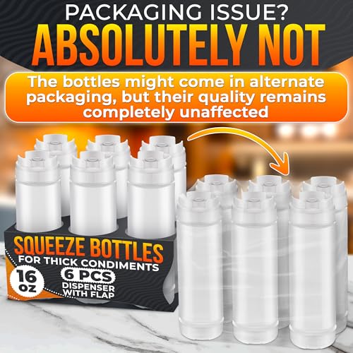 Set of 6 Inverted Condiment Squeeze Bottles 16 oz – Upgraded Design with Added Sealing Gaskets, Self-Closing Valve, Easy-to-Fill Clear Bottles for Sauces, Dressings, Ketchup, Mustard for Everyday Use