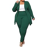 IyMoo Women's Plus Size Two Piece Open Front Long Sleeve Blazer and Elastic Waist Solid Pant Set Suit
