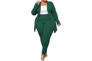 IYMOO Women's Plus SizeTwo Piece Open Front Long Sleeve Blazer and Elastic Waist Solid Pant Set Suit