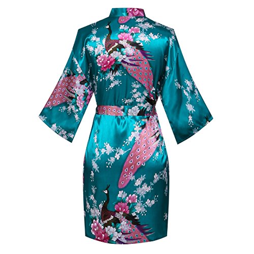 Yukata Women's Short Kimono Robe, Peacock&Blossom Design, Atrovirens M