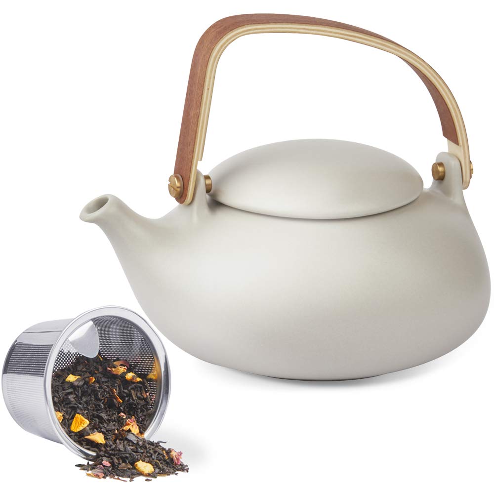 ZENS Ceramic Infuser Teapot, Bentwood Handle Matte Grey Japanese 2 Cup Loose Tea Pots, 800ml Small Teapot Gift for Afternoon Tea