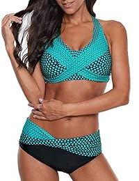 Bikini para dama con estampado de lunares, cuello halter y parte delantera giratoria, traje de baño de 2 piezas