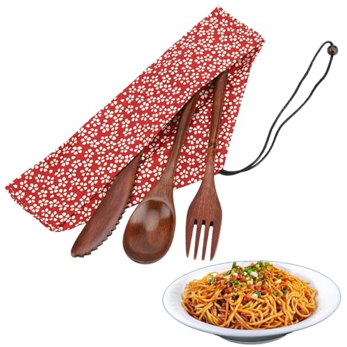 Bamboo Dinnerware Set Japanese Style Reusable Flatware Travel Tableware Camping Cutlery Natural Wooden Fork Spoon with Red Storage Bag(Red Storage Bag Only) — image 1