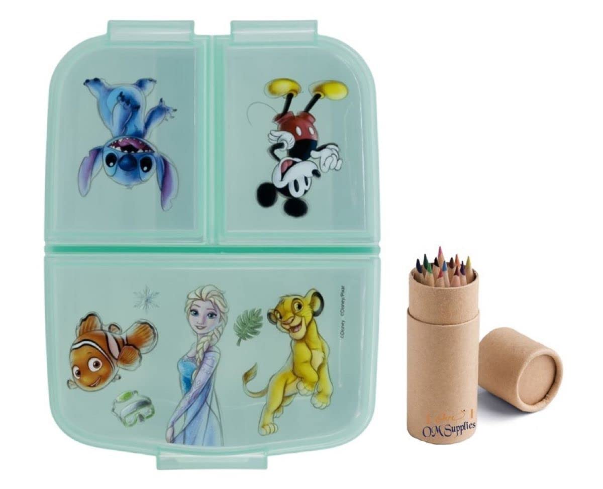 OM SUPPLIES Reusable Sandwich Lunch Box 3 Multi Compartment Kids Children School Includes Half Size 12pcs Pencil Set (Disney 100)