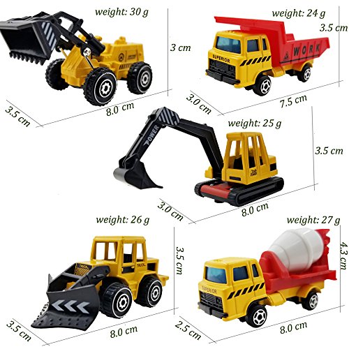 M-jump 5 PCS Mini 1:72 Scale DIE-CAST Metal Construction Engineering Vehicle Toys Set for kids - Excavating trucks, Bulldozers, Truckshovel, Clay truck, Dump trucks
