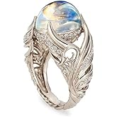Hsitgexf Rainbow Moon Stone Rings Victorian Style Gemstone Solitaire Round Moonstone Cocktail Ring for Women, Angel Wings Wedding Engagement Rings (US Size 7)