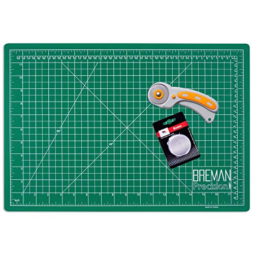 WA Portman Rotary Cutter Set I 45mm Rotary Fabric Cutter with 5 Extra Cutter Blades and 12x18 inch Self Healing Cutting Mat Set I Great for Crafting Sewing Quilting Scrapbooking Enthusiasts