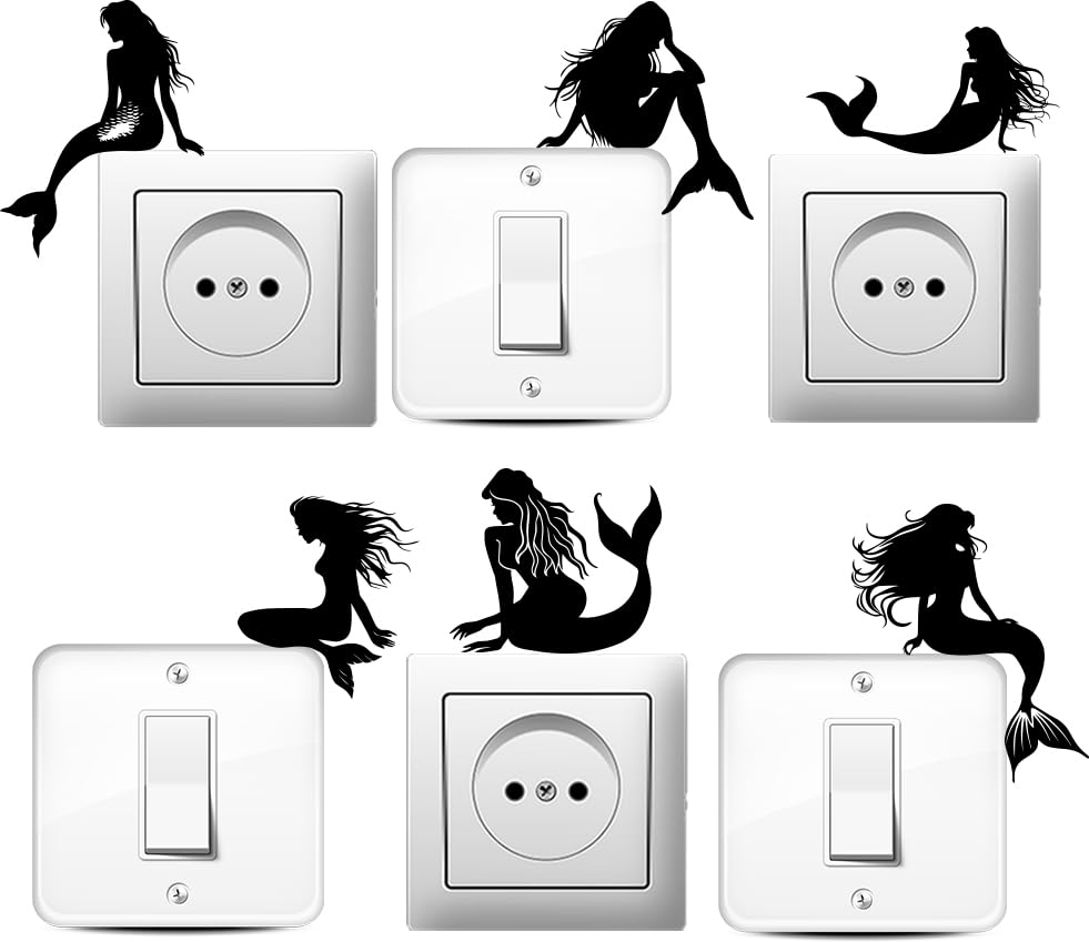 AHANDMAKER 6 Pcs Mermaid Creative Light Switch Stickers, Mermaid Wall Sticker Mermaid Light Switch Decals Mermaid Decor Wall Sticker for Light Switch, Outlets, Ledge, Vehicle and Home Art Decor