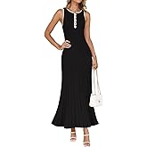 ZESICA Womens 2026 Summer Long Maxi Dress Sleeveless Crew Neck Hollow Out Pleated Ribbed Knit Swing Tank Dresses