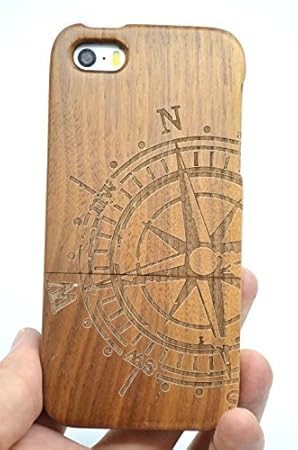 RoseFlower® Luxus Holz Schutzhülle für iPhone SE/iPhone 5S / iPhone 5 (10,2 cm (4 Zoll) - Walnuss-Kompass Handyhülle - Natürl