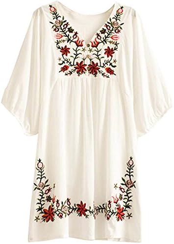 Happyyip Womens White Mexican Embroidered Peasant Dressy Tops Blouses (One Size, Beige)