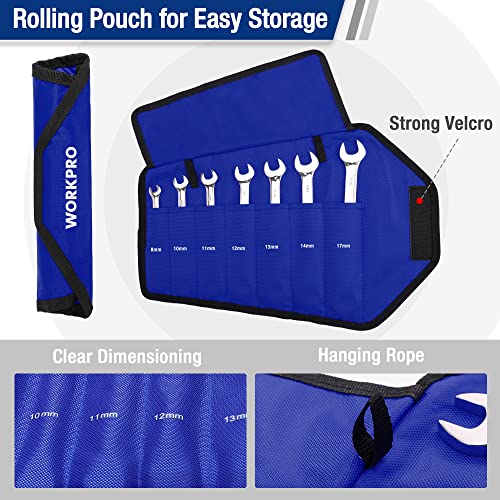 WORKPRO 7-Piece Ratcheting Combination Wrench Set, 72 Teeth, CR-V Combo Ratchet Wrenches Set with Roll Up Pouch, Metric 8mm-17mm