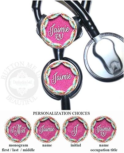 Personalized Rainbow Feathers and Pink Glitter Standard or Yoke Stethoscope Id Tag