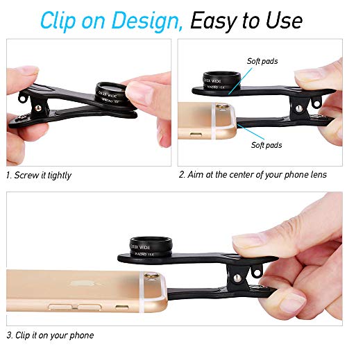 Orlegol Objectif Smartphone, 10 en 1 Téléphone Caméra Lentille Kit, 198° Fisheye, 0.63X Objectif Grand Angle, Macro…