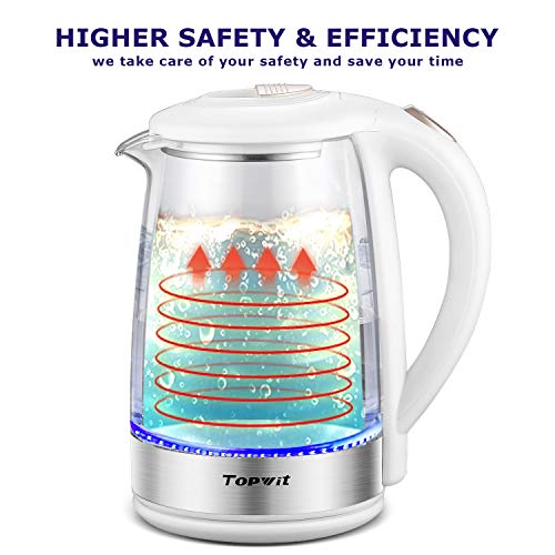 Topwit Electric Kettle Water Heater Boiler, Glass Cordless Tea Kettle 2 Liter with LED Light, Stainless Steel Inner Lid and Bottom, Fast Heating with Auto Shut-Off and Boil Dry Protection, White