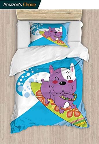 Ride The Wave Custom Made Quilt Cover and Pillowcase Set, Cute French Bulldog Surfing and Smiling Happy Adve, Print, Decorative Quilted 2 Piece Coverlet Set with 1 Pillow Shams, 79 W x 90 L Inches