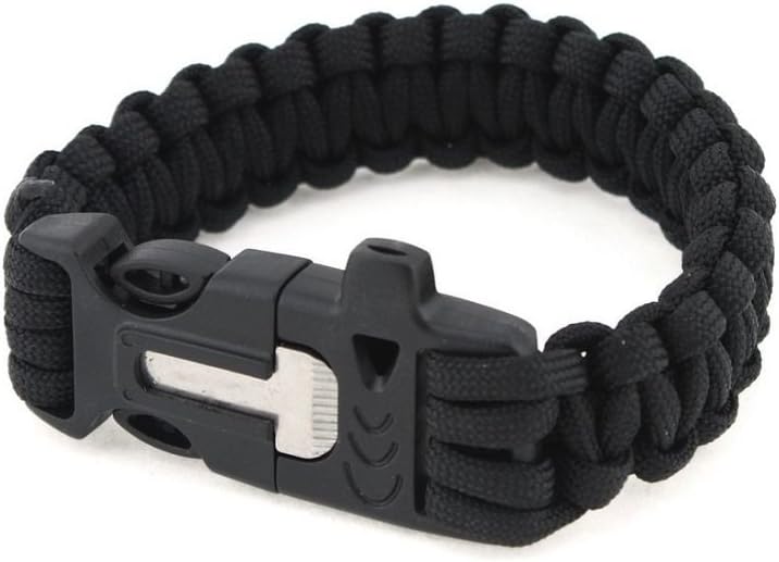 HM Beads #1 Amazing Survival Bracelet with Paracord, Whistle, Flint Fire Starter and Scraper (Black)