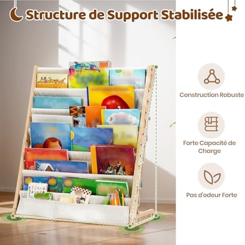 Bibliotheque Enfant en Bois Massif à 7 Niveaux - Etagere de Rangement pour Livres - Présentoir Livres Bebe avec Design Stable - Meuble Montessori pour Chambre d’Enfant (63 cm, Naturel)