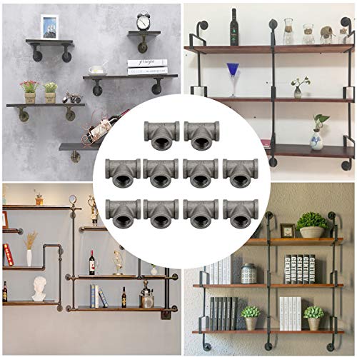HighFree 10 Pack Iron Cast Pipe Fittings 1/2 inch Threaded Pipe Nipples Iron Industrial Piping Fittings for DIY Pipe Furniture (1/2 inch Tee)