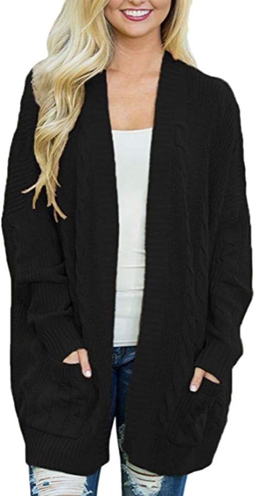 Pervobs Womens Knitted Cardigan Loose Solid Open Front Long Sleeve Pocket Sweater Coat Tops Blouse