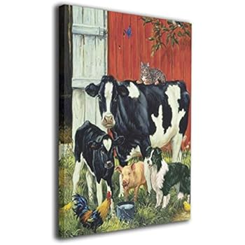 Cow Rooster Pig Dog Art Farm Animals Printed Frameless Premium Canvas Wall Art Print Modern Home Decor Ready to Hang 16