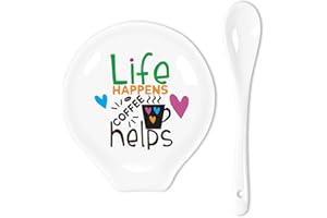 Uhealik Funny Coffee Quote Colored Pattern Ceramic Coffee Spoon Holder-Coffee Spoon Rest -Coffee Station Decor Coffee Bar Accessories-Coffee Lovers Gift for Women and Men (Life Happens Coffee Helps)