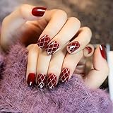 Wine Red Fake Finger Nails Manicure Artificial False Nail Art Tips Agate Red Silver Glitter Cross Line DIY Nail Decorations Z177