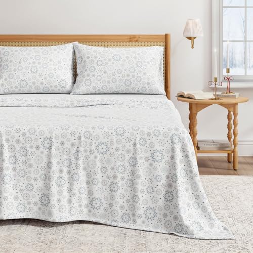 Great Bay Home 100% Turkish Cotton Flannel Bedding Set, Deep Pockets, Soft Sheets, Warm, Anti-Pilling Flannel Sheets (Double, Snowflakes)