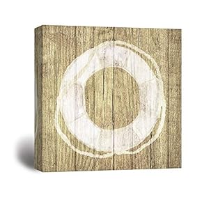 Canvas Wall Art - Wooden Background Lifebuoy Line Drawing for Living Room - Modern Home Art Stretched and Framed Ready to Hang - 12x12 inches