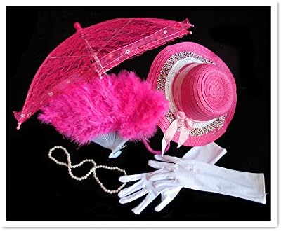 Girls Tea Party Dress Up Play Set Umbrella,Sun Hat, Gloves,Fans and Necklace